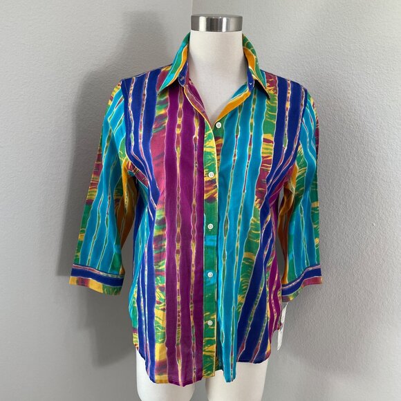 NEW Lauren Ralph Lauren Petite Large Striped Shirt Colorful Multicolor Blouse - Picture 1 of 10